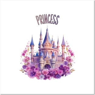 Princess Pink Purple Dreamy Castle with Flowers Watercolor Art Posters and Art